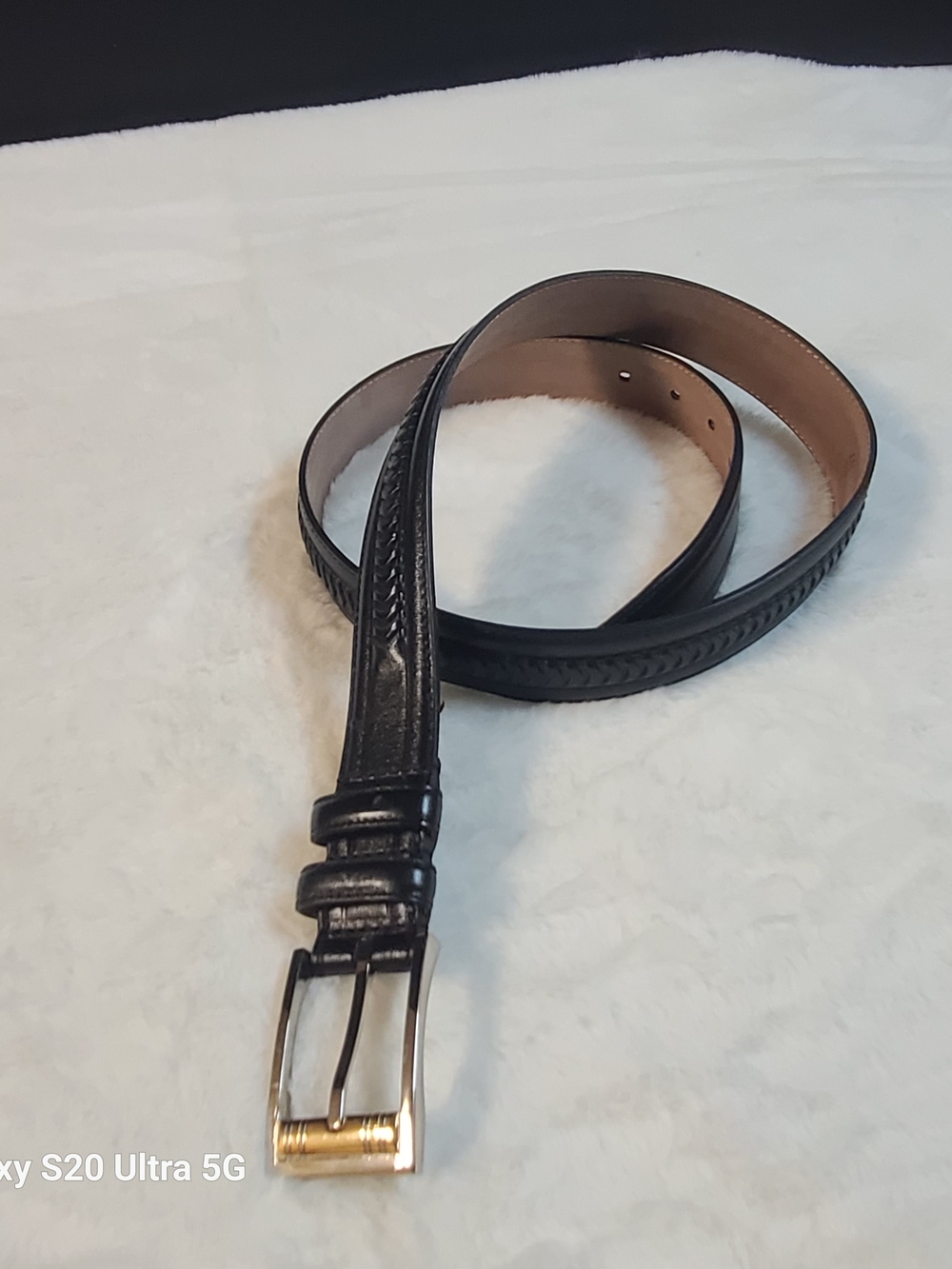 PALM WEST Men's Black Leather Belt with Decorative Stitching and Gold Buckle